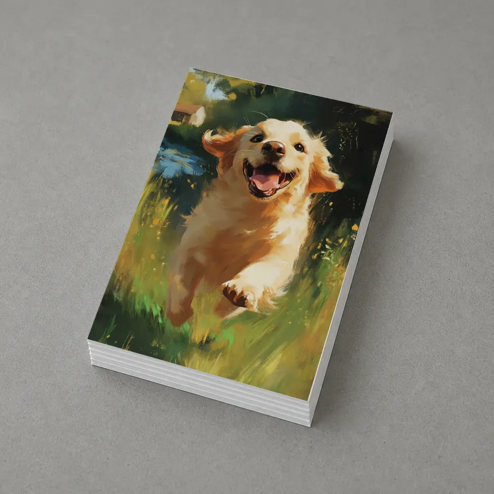 Happy Golden Retriever Running Through Green Fields – Postcards