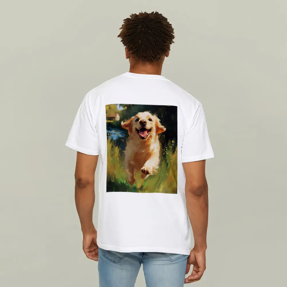 Happy Golden Retriever Running Through Green Fields – T-Shirts