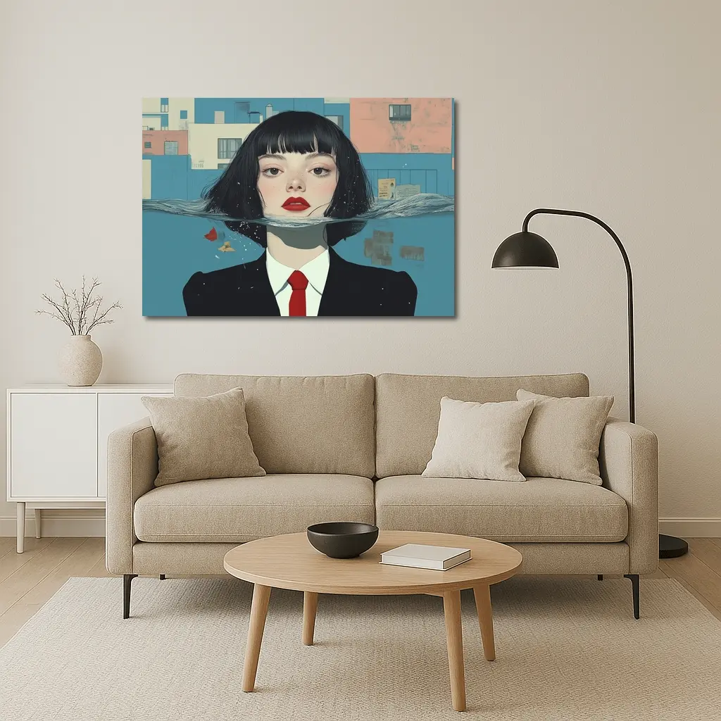 Woman Half Submerged Urban Water Illustration – Wall Art