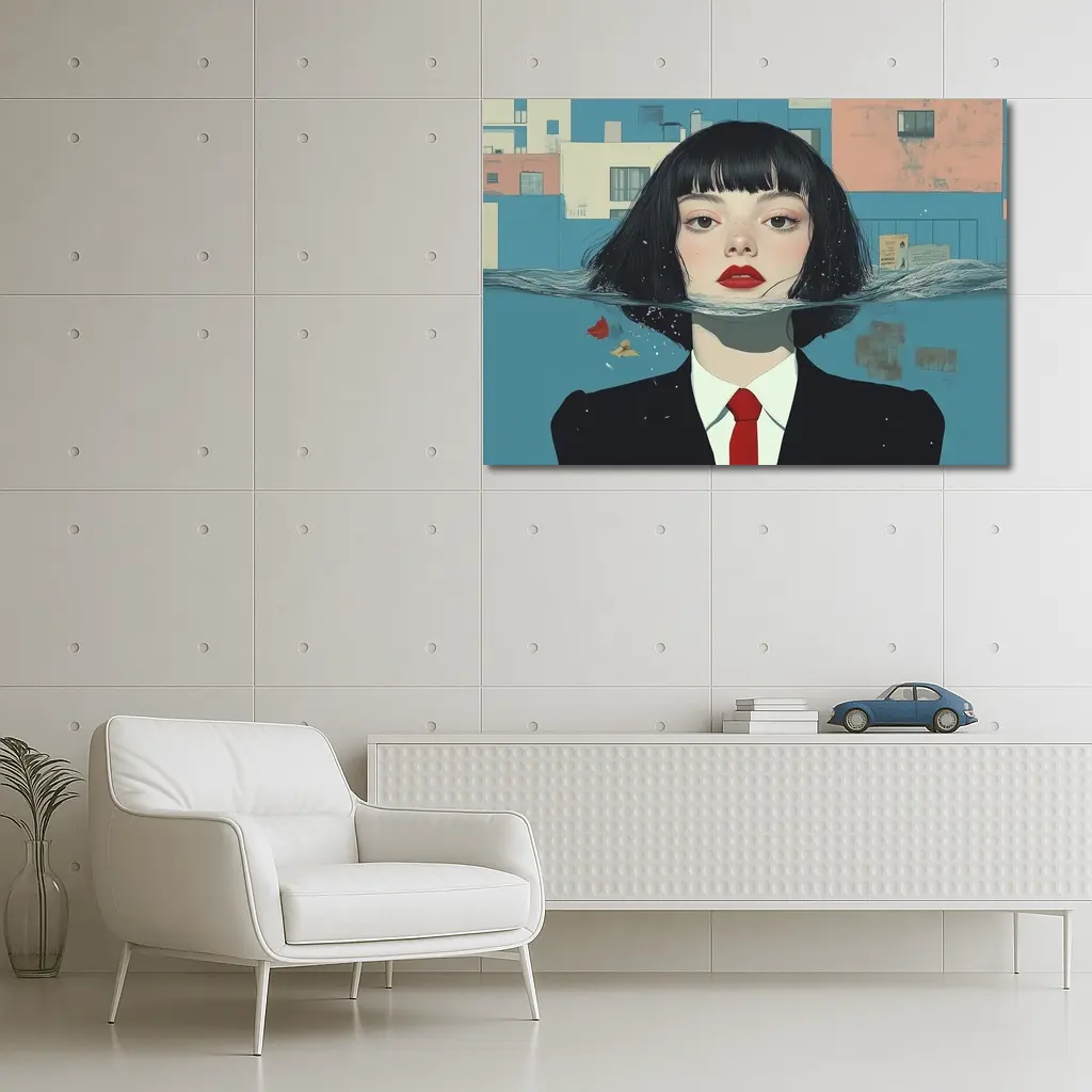 Woman Half Submerged Urban Water Illustration – Wall Art