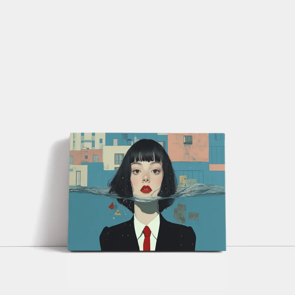 Woman Half Submerged Urban Water Illustration – Wall Art