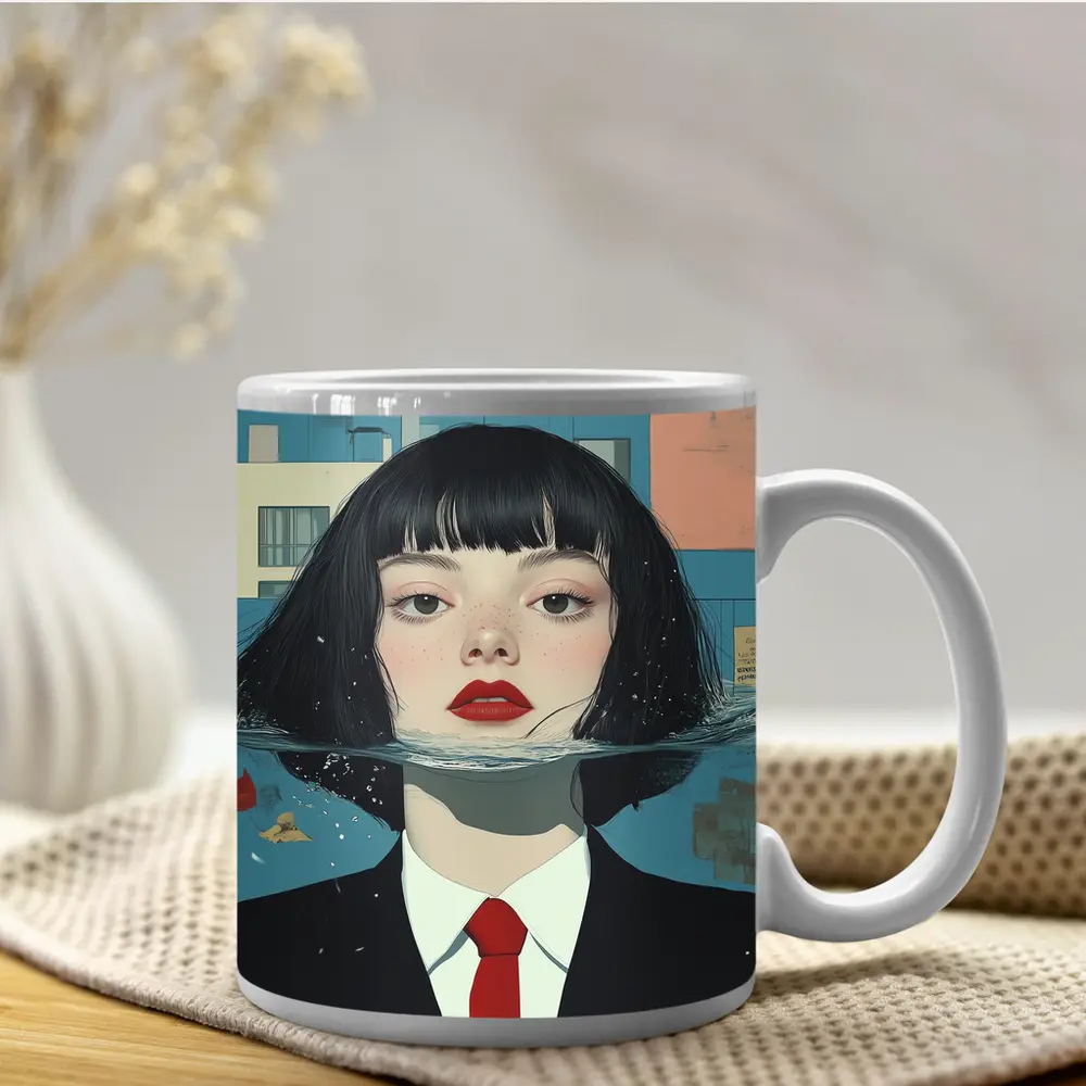Woman Half Submerged Urban Water Illustration – Mugs