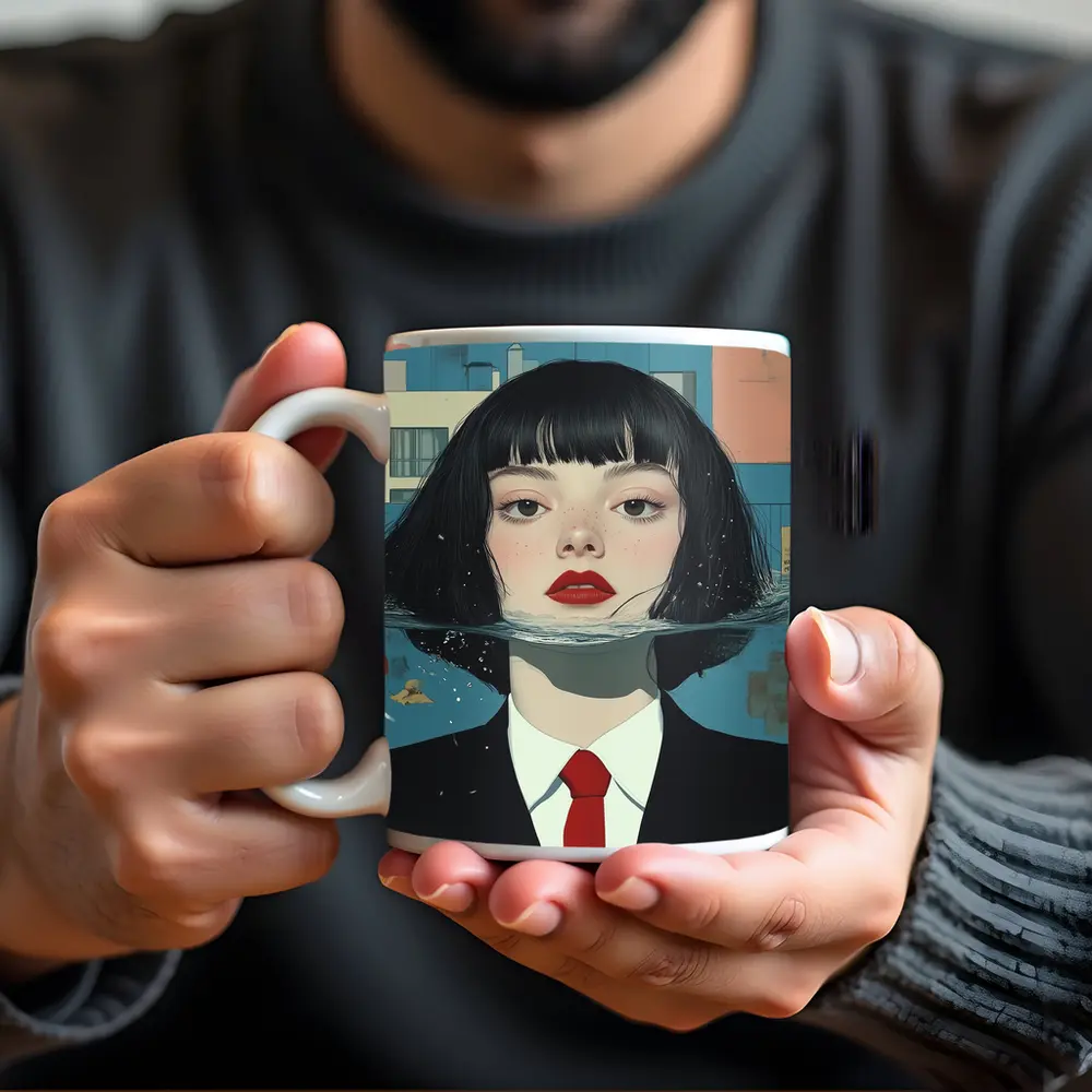Woman Half Submerged Urban Water Illustration – Mugs