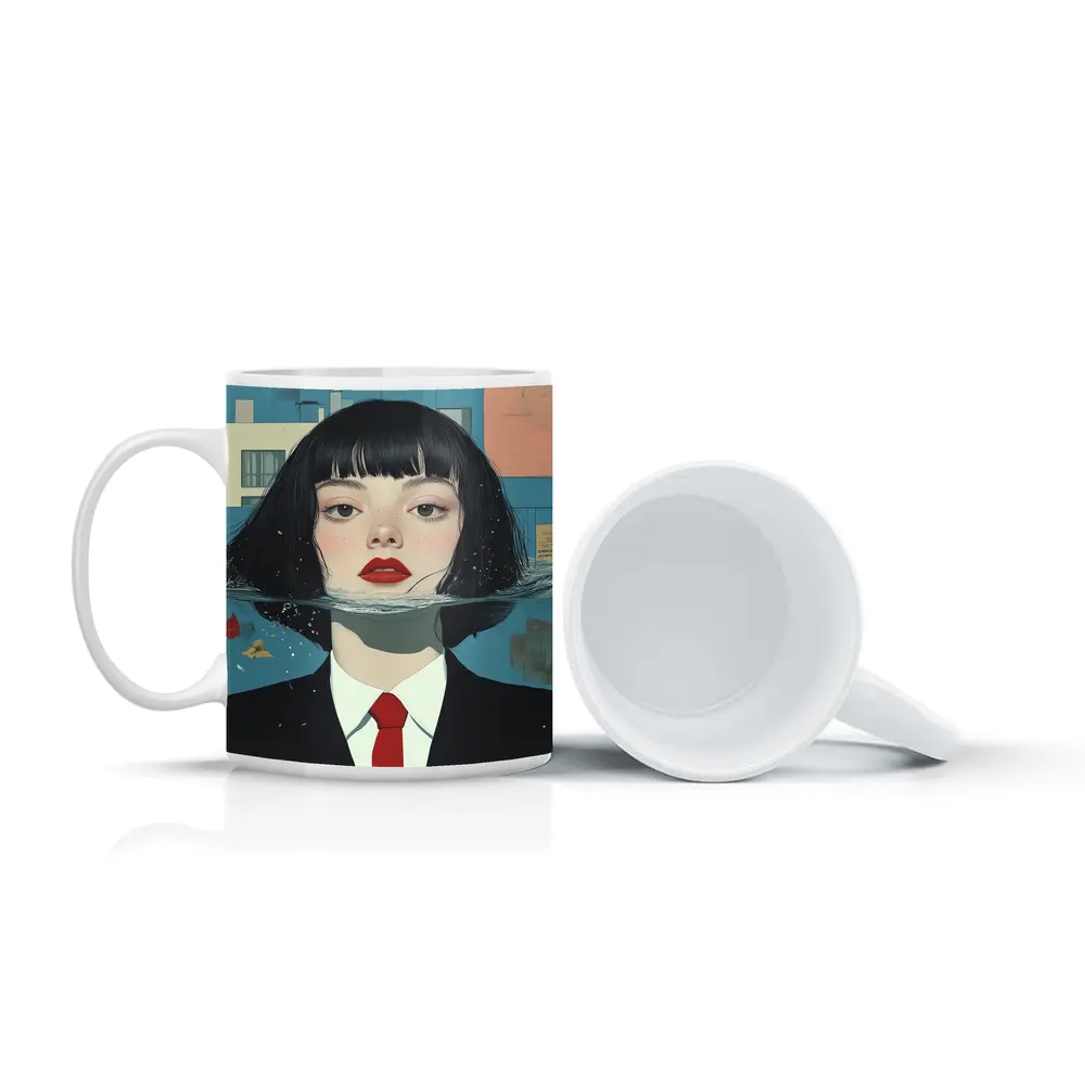 Woman Half Submerged Urban Water Illustration – Mugs