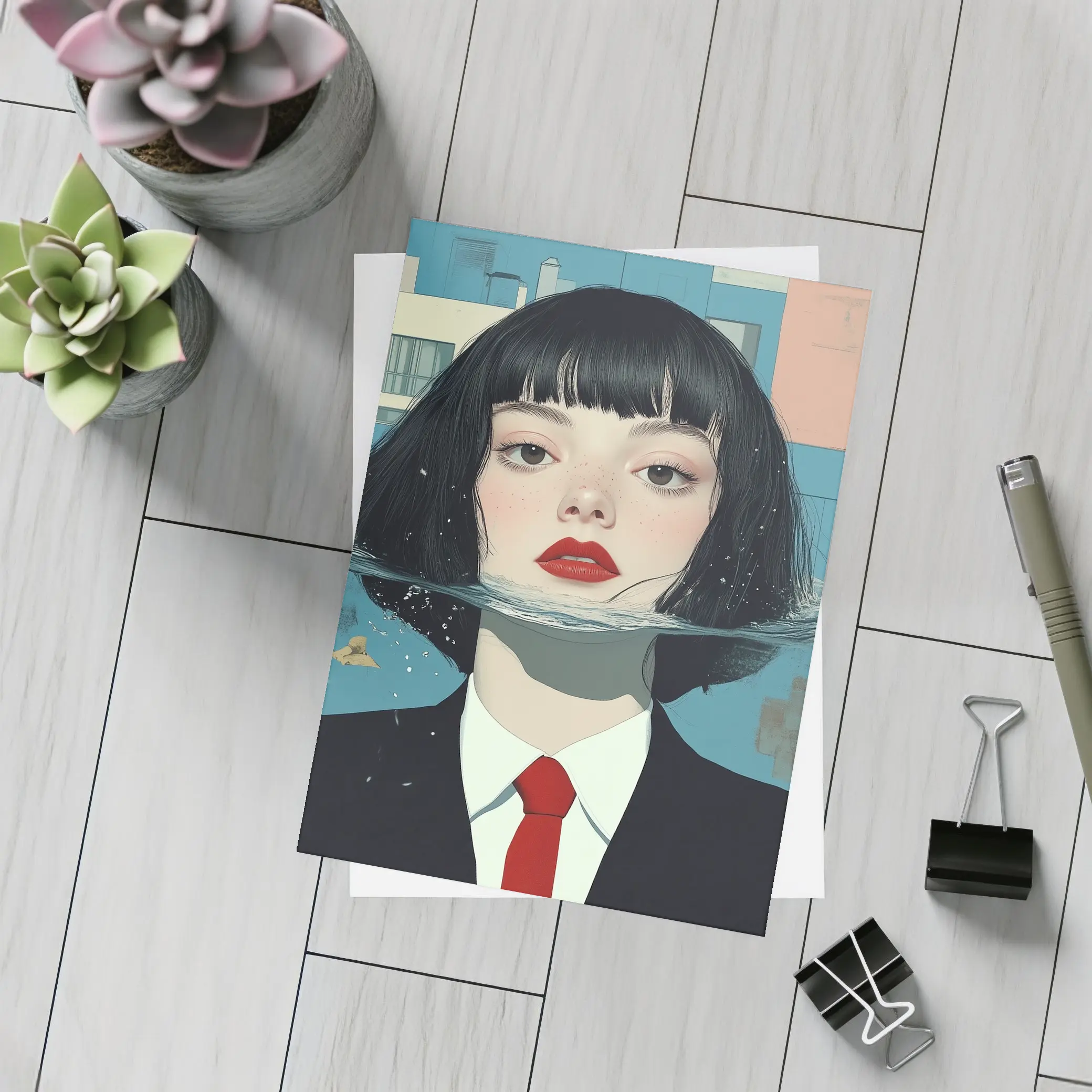 Woman Half Submerged Urban Water Illustration – Postcards
