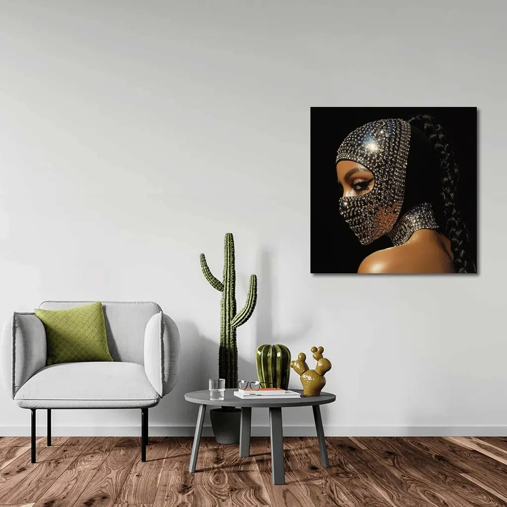 Woman Crystal Rhinestone Mask Black Background – Wall Art