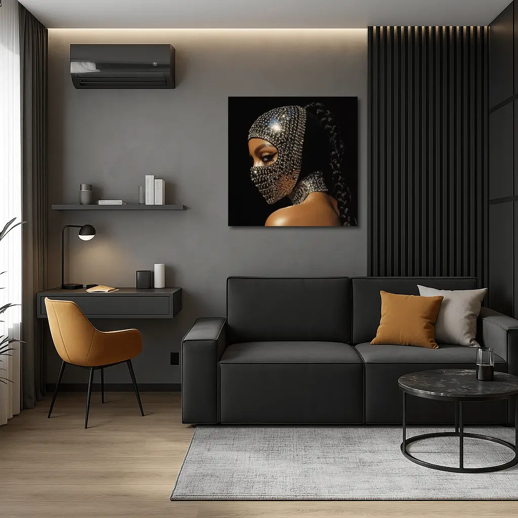Woman Crystal Rhinestone Mask Black Background – Wall Art