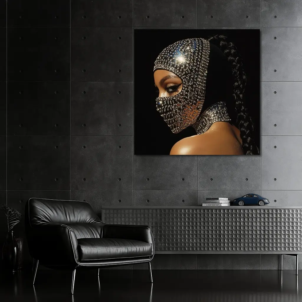 Woman Crystal Rhinestone Mask Black Background – Wall Art