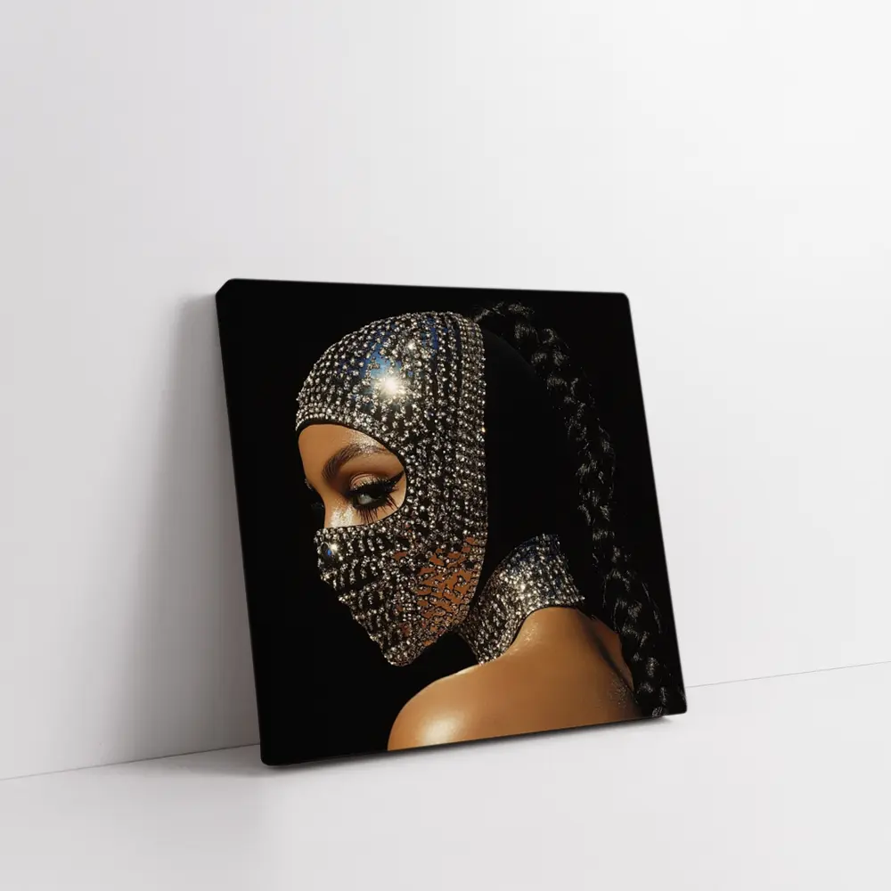 Woman Crystal Rhinestone Mask Black Background – Wall Art