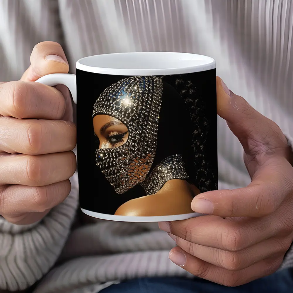 Woman Crystal Rhinestone Mask Black Background – Mugs