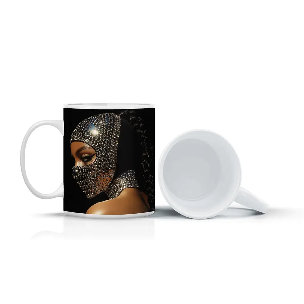 Woman Crystal Rhinestone Mask Black Background – Mugs