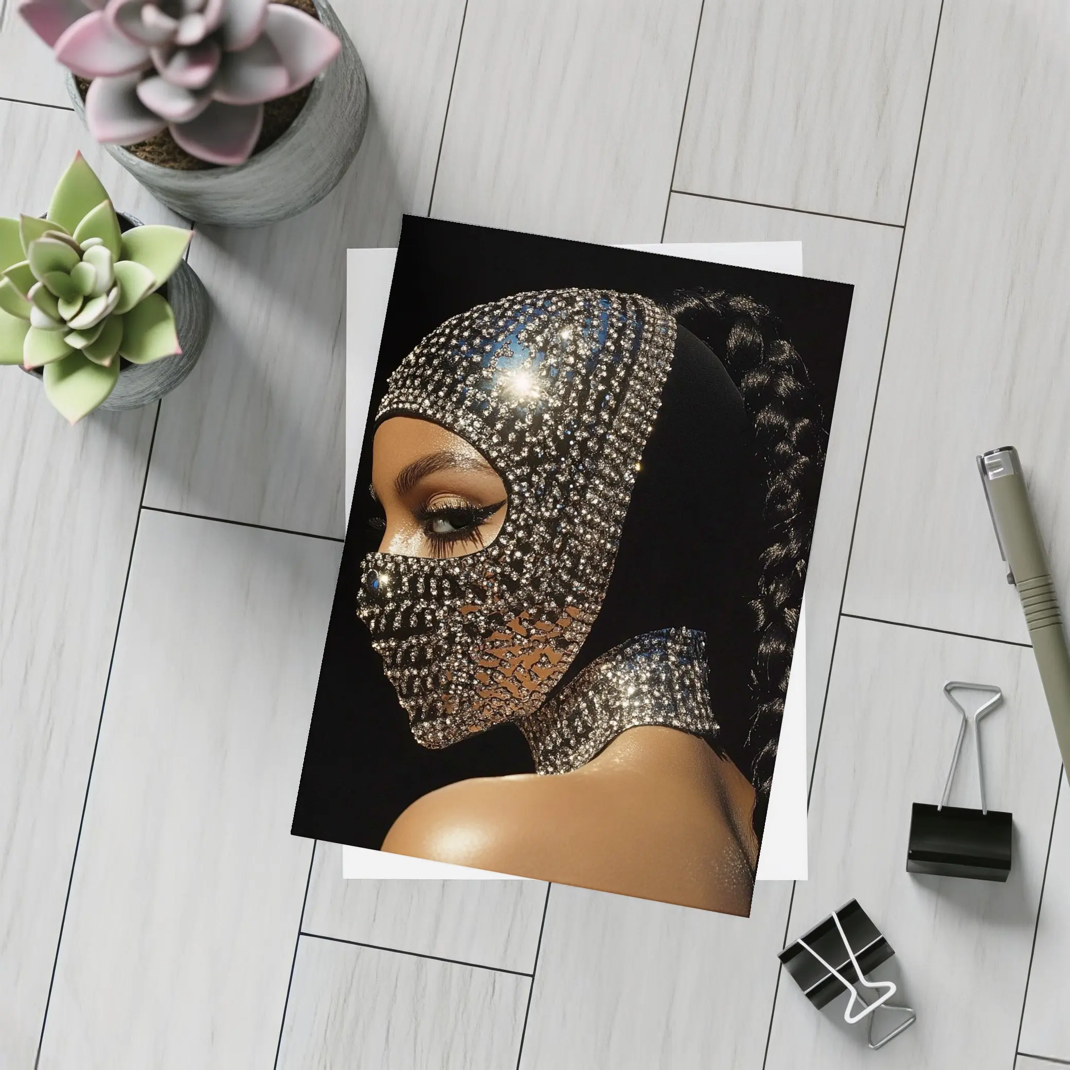 Woman Crystal Rhinestone Mask Black Background – Postcards