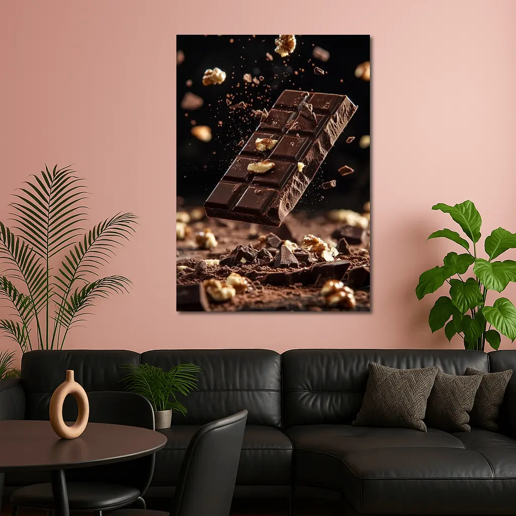 Dark Chocolate Bar With Walnuts Exploding – Wall Art