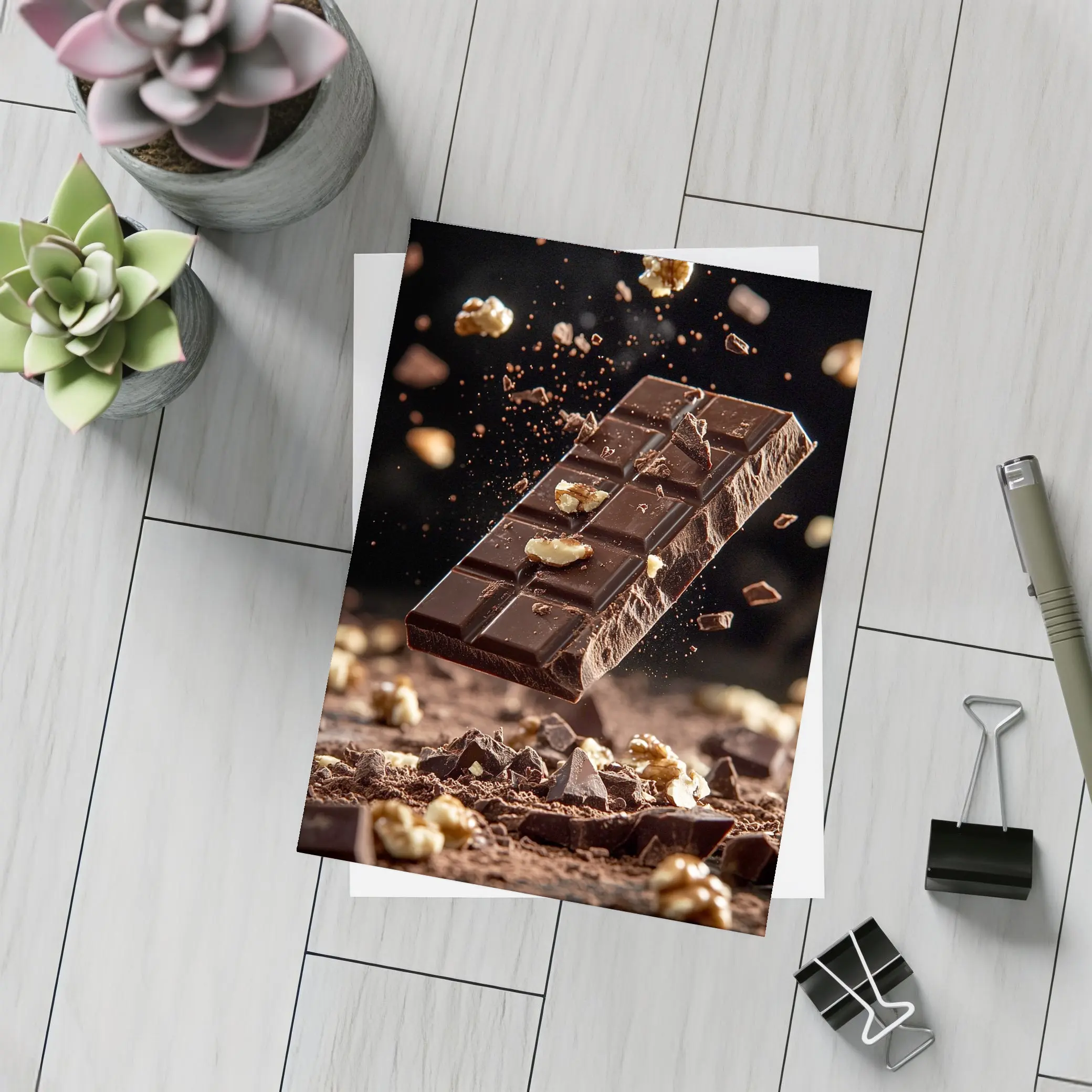 Dark Chocolate Bar With Walnuts Exploding – Postcards