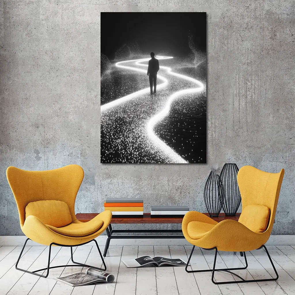 Lone Figure Standing on Glowing Winding Path – Wall Art
