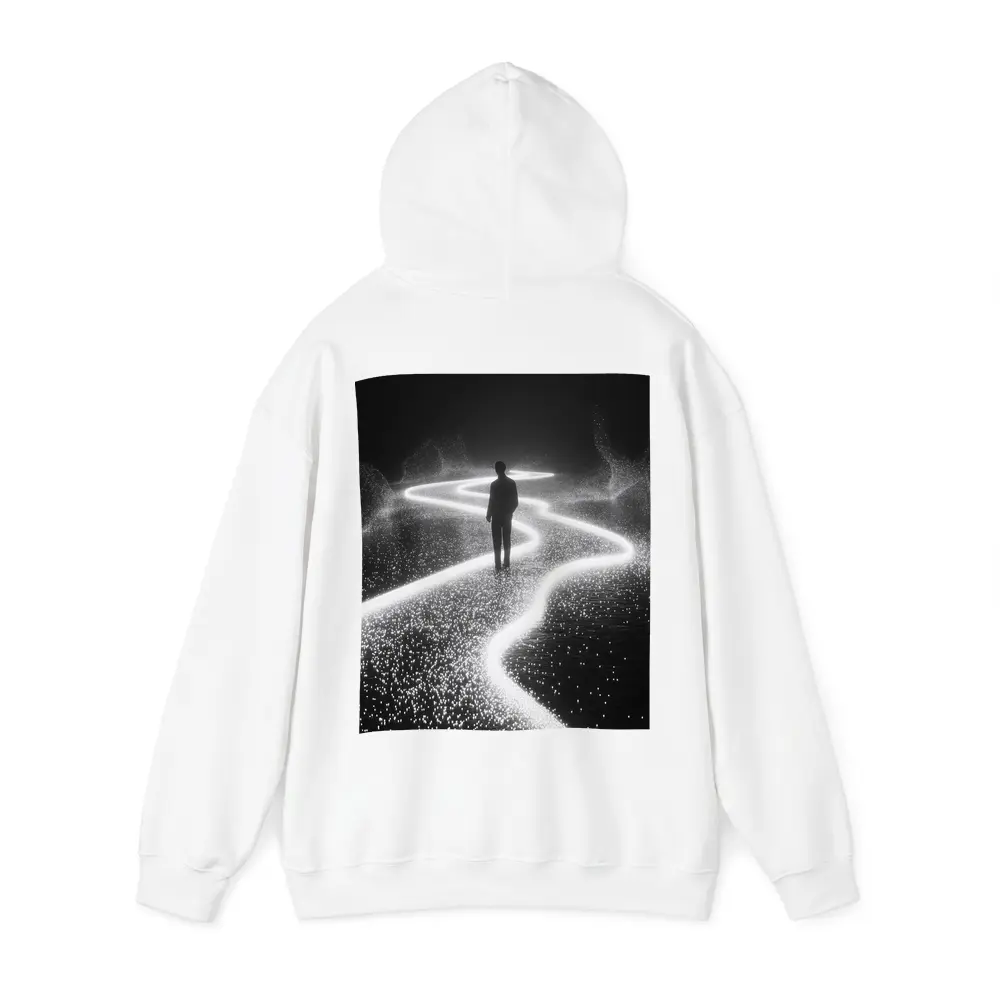 Lone Figure Standing on Glowing Winding Path – Hoodies