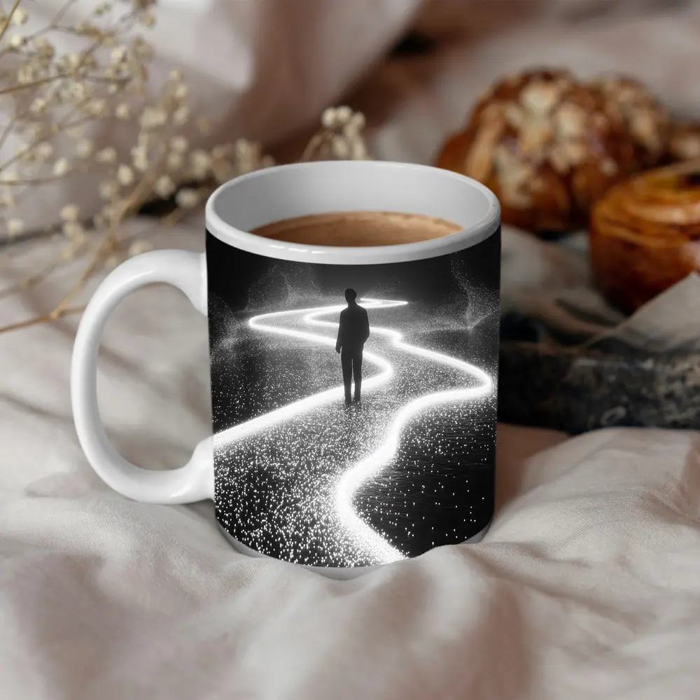 Lone Figure Standing on Glowing Winding Path – Mugs