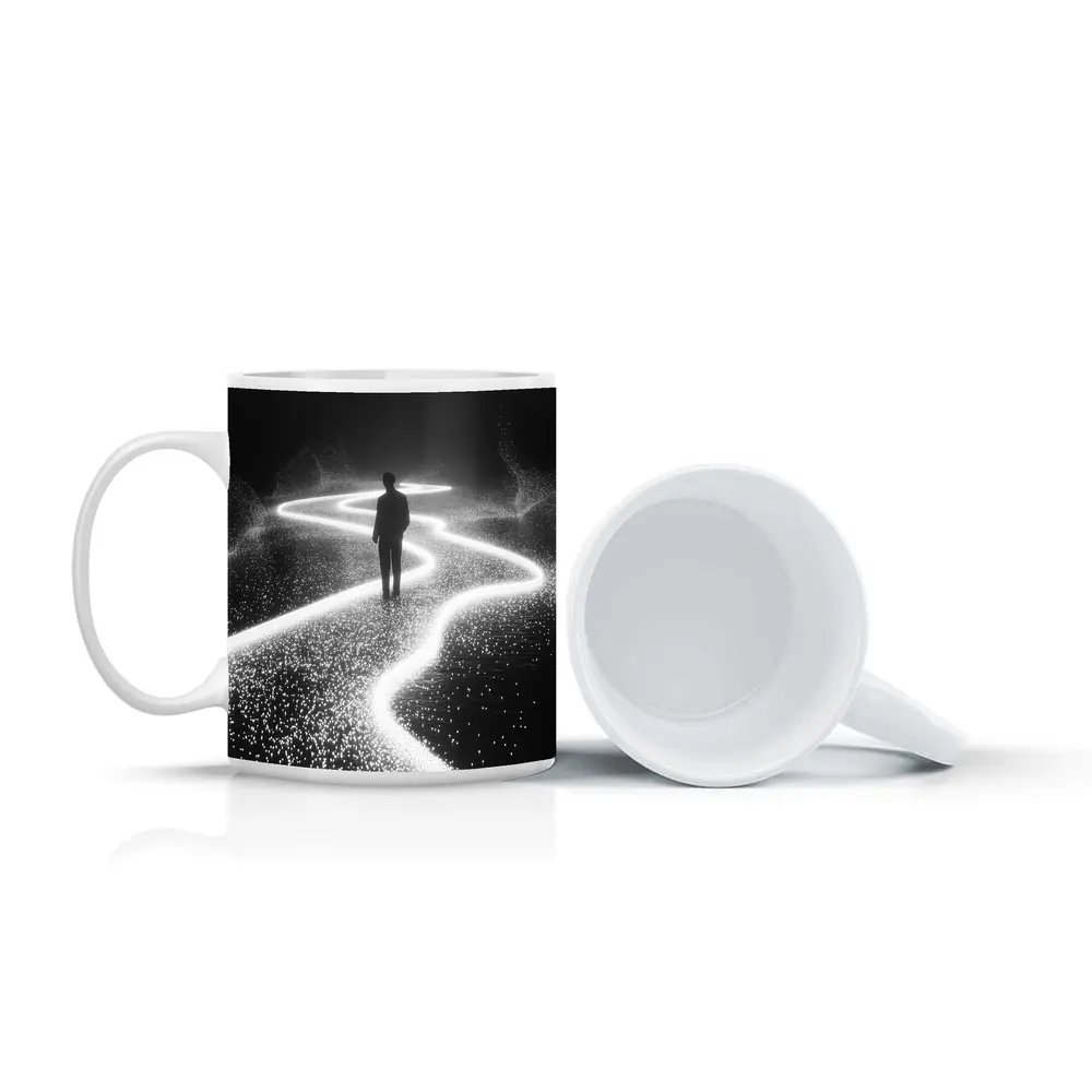 Lone Figure Standing on Glowing Winding Path – Mugs