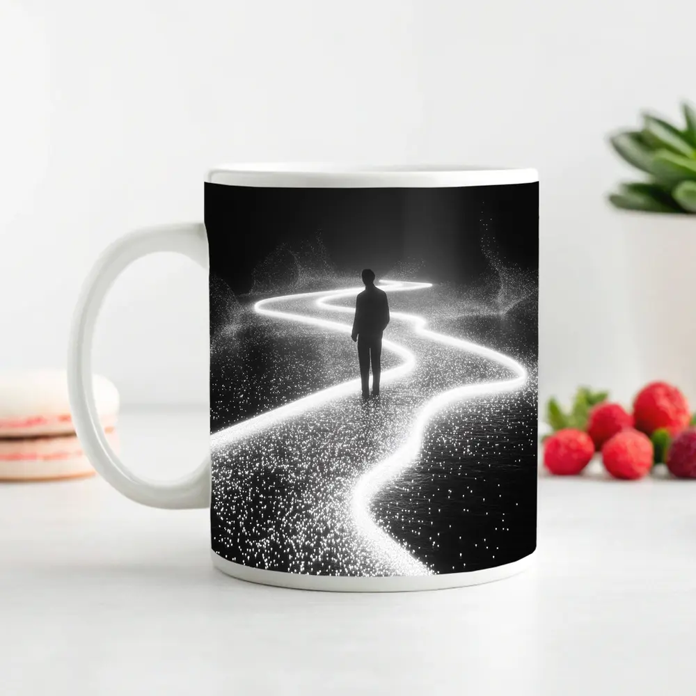 Lone Figure Standing on Glowing Winding Path – Mugs