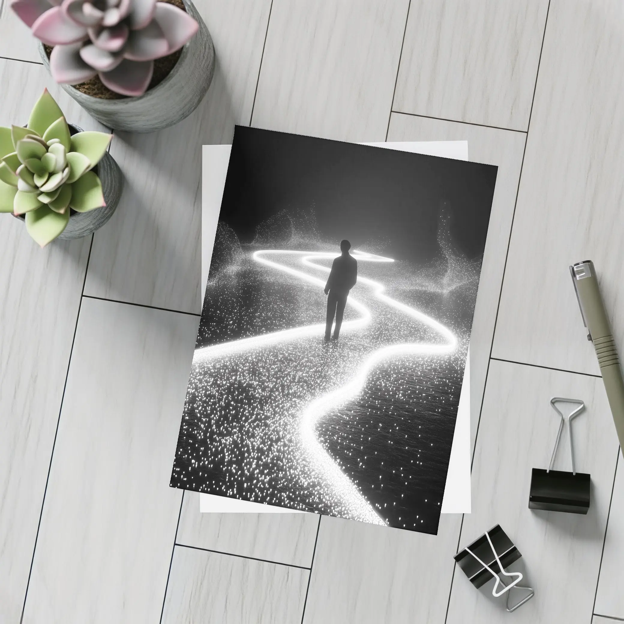 Lone Figure Standing on Glowing Winding Path – Postcards