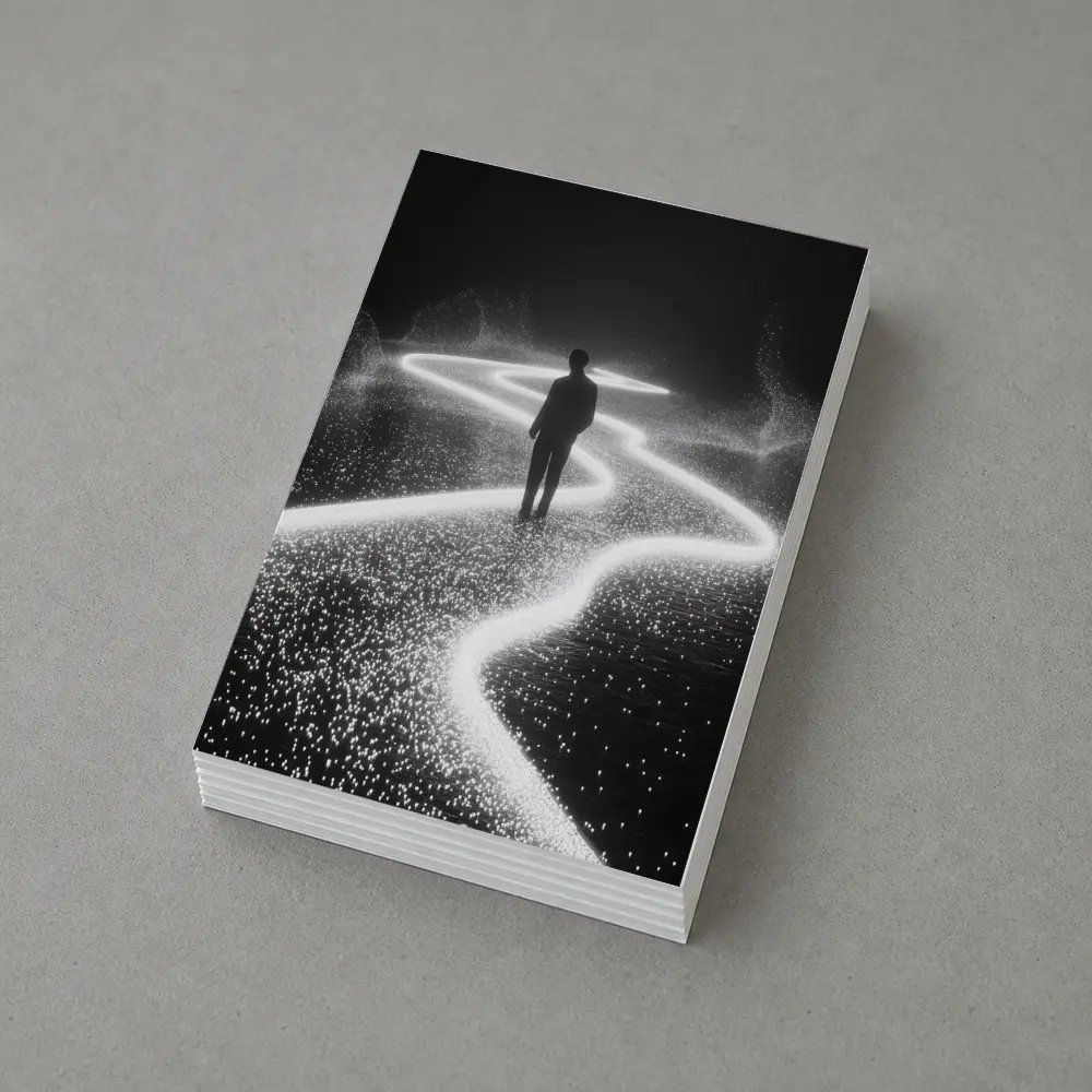Lone Figure Standing on Glowing Winding Path – Postcards