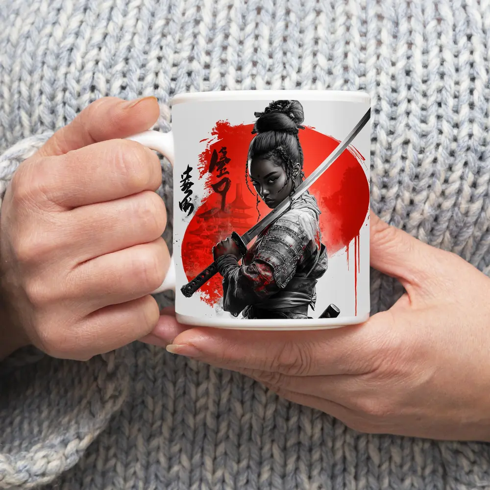 Black Female Samurai Red Circle Japan Art – Mugs