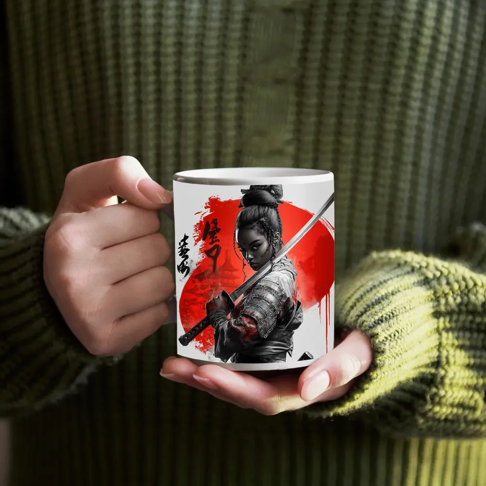 Black Female Samurai Red Circle Japan Art – Mugs