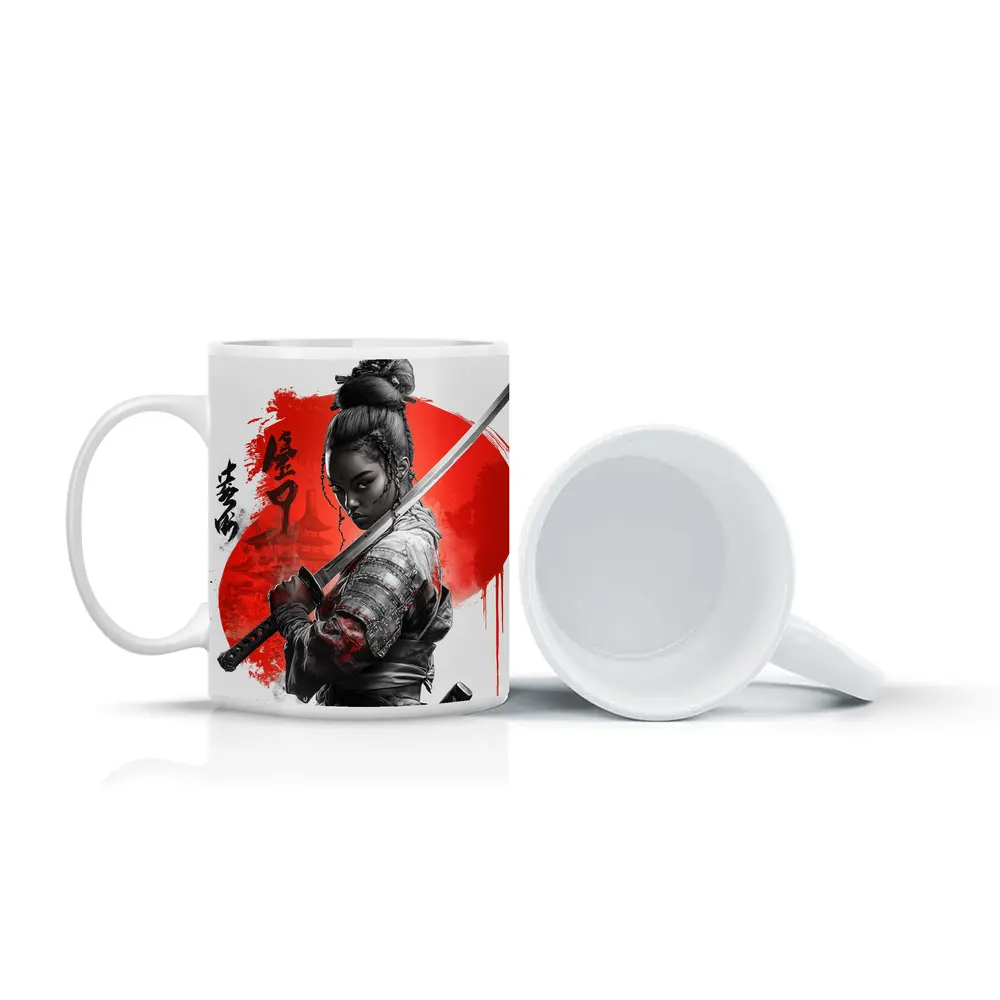 Black Female Samurai Red Circle Japan Art – Mugs
