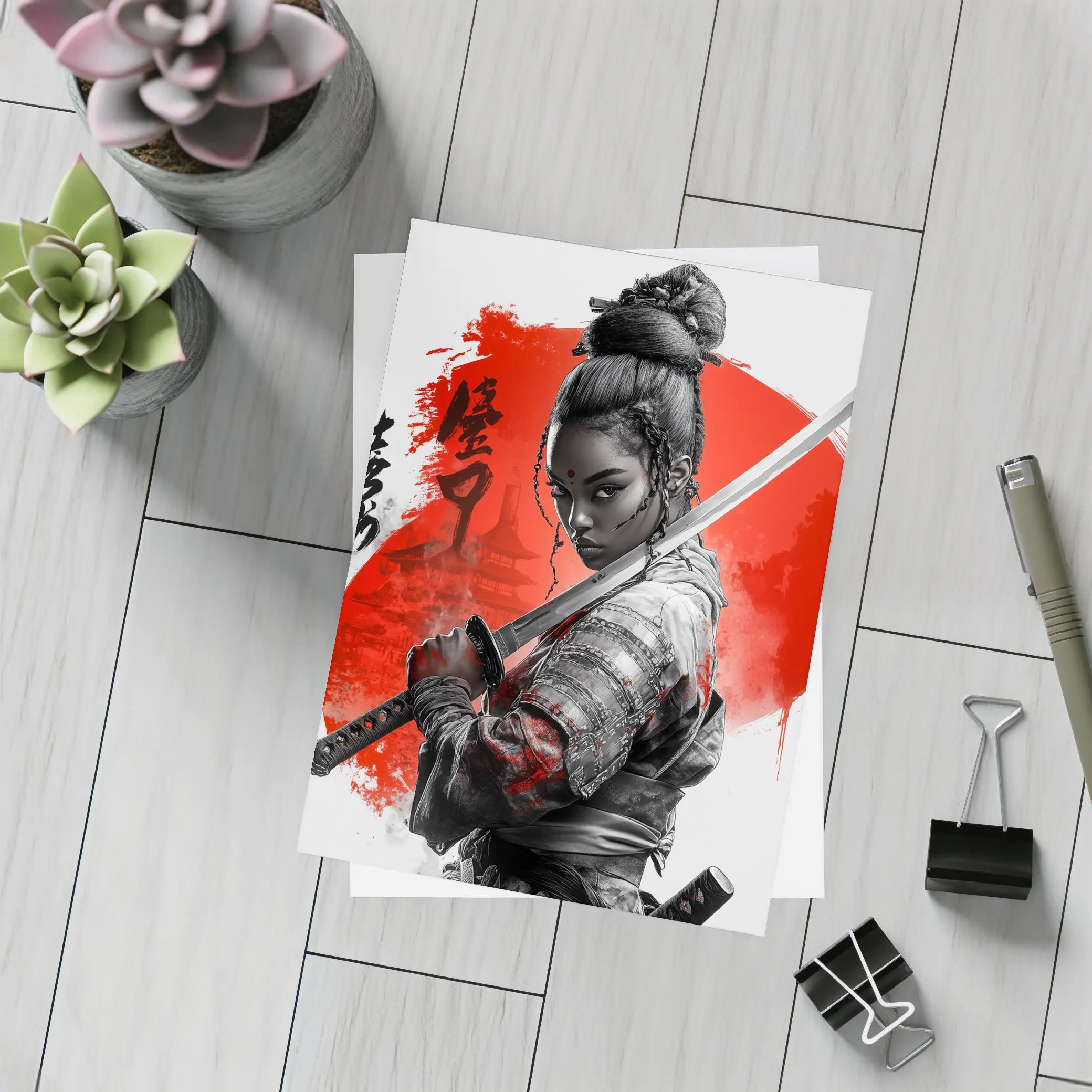 Black Female Samurai Red Circle Japan Art – Postcards
