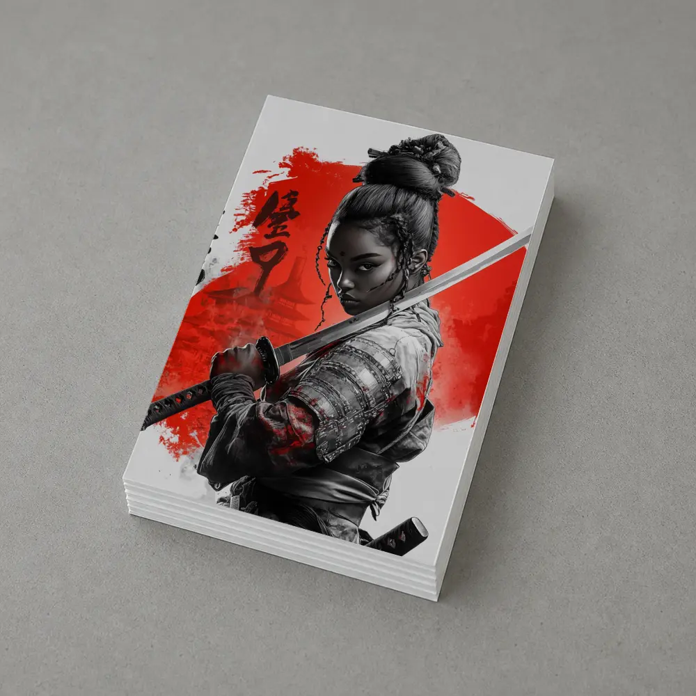 Black Female Samurai Red Circle Japan Art – Postcards