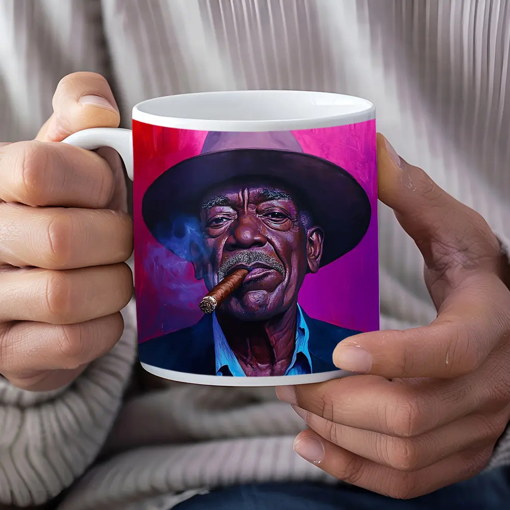 Old Man Cigar Hat Bold Pink Background – Mugs