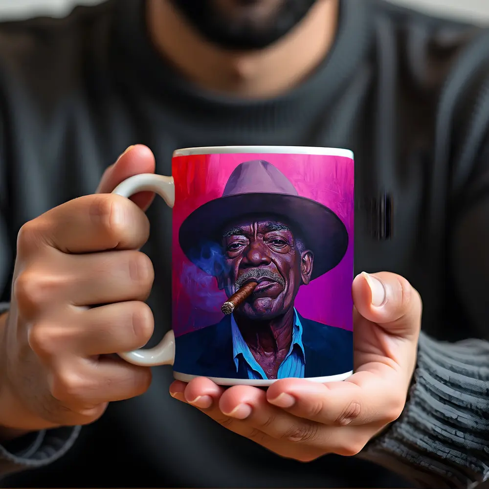 Old Man Cigar Hat Bold Pink Background – Mugs