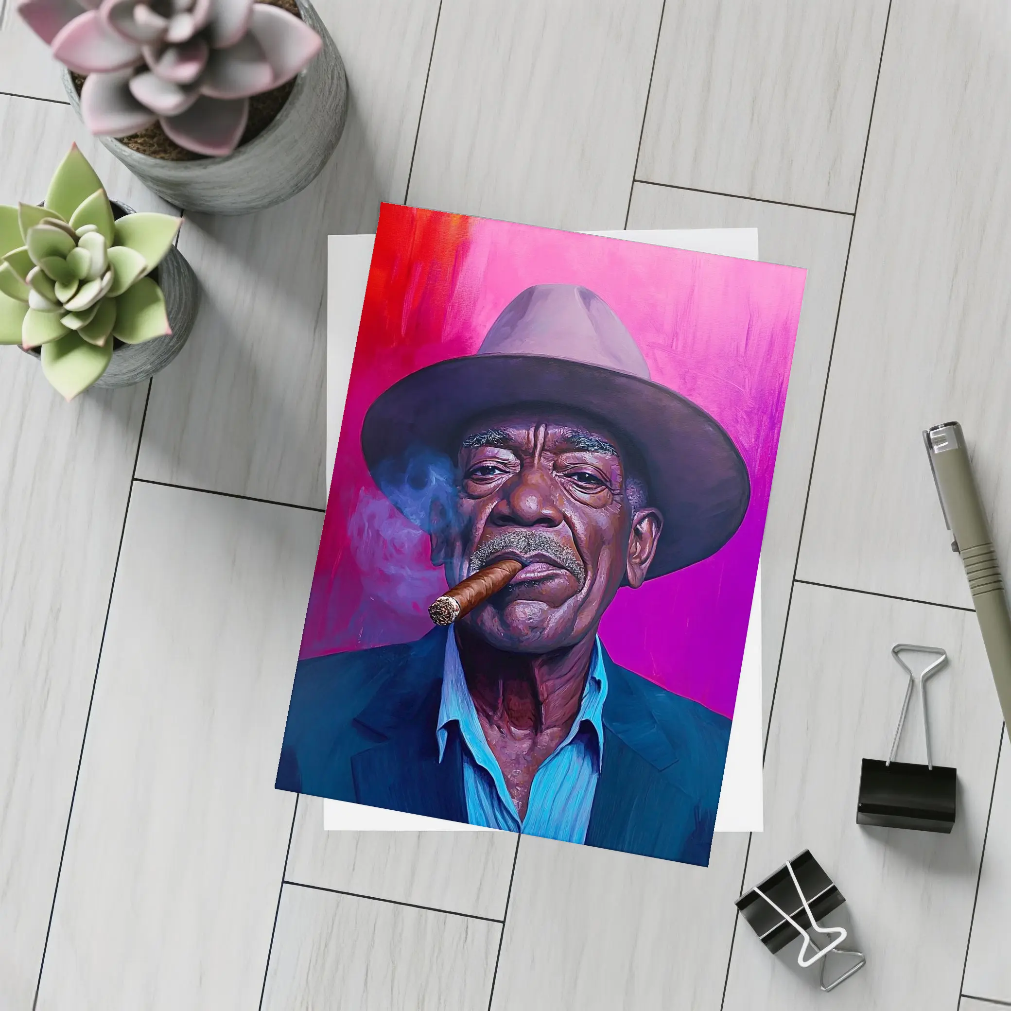 Old Man Cigar Hat Bold Pink Background – Postcards