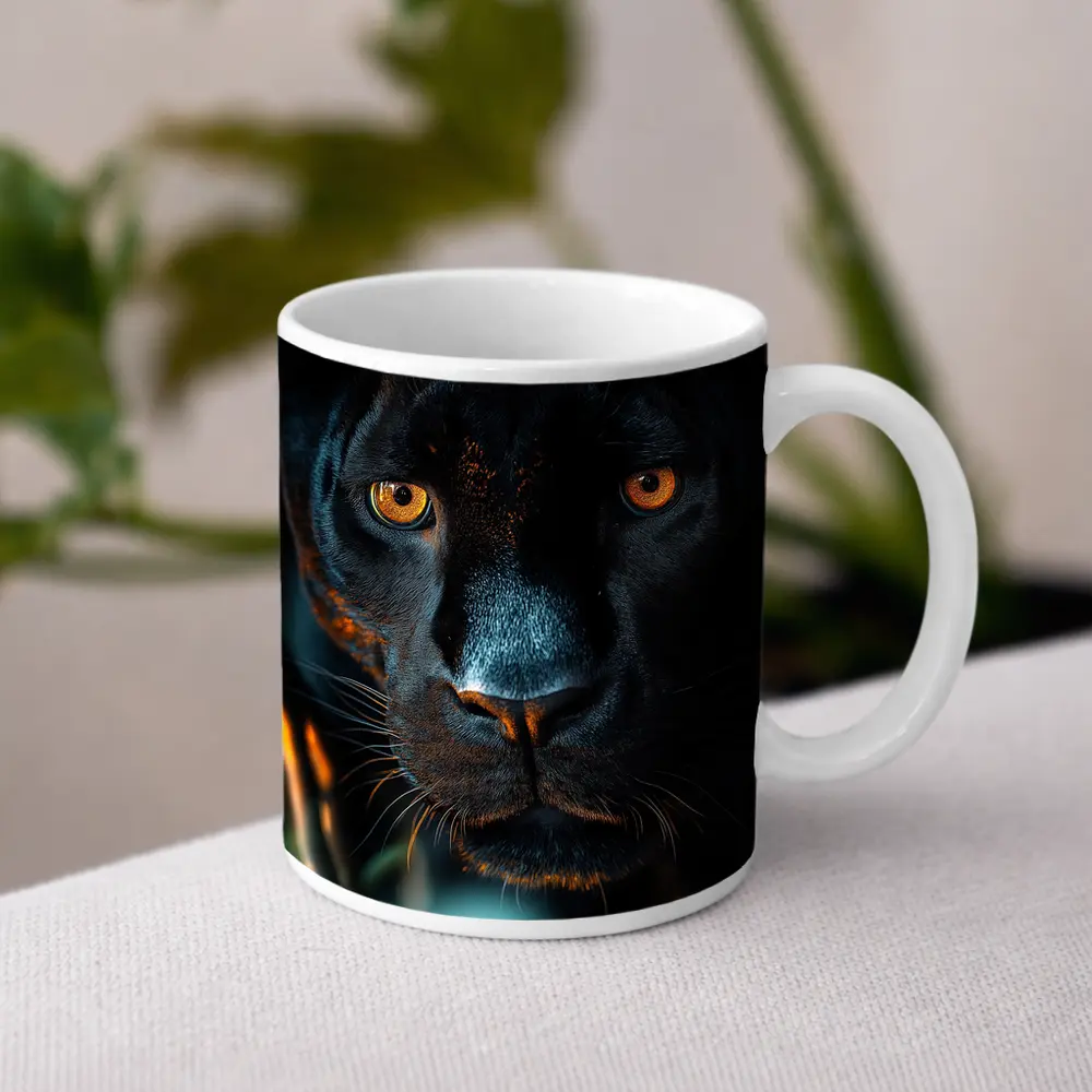 Black Panther Close Up Green Jungle Background – Mugs