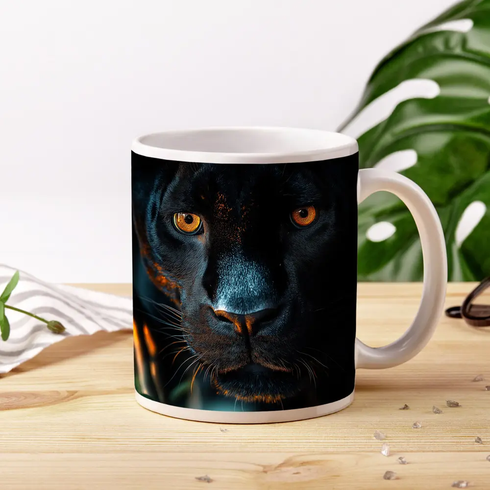 Black Panther Close Up Green Jungle Background – Mugs
