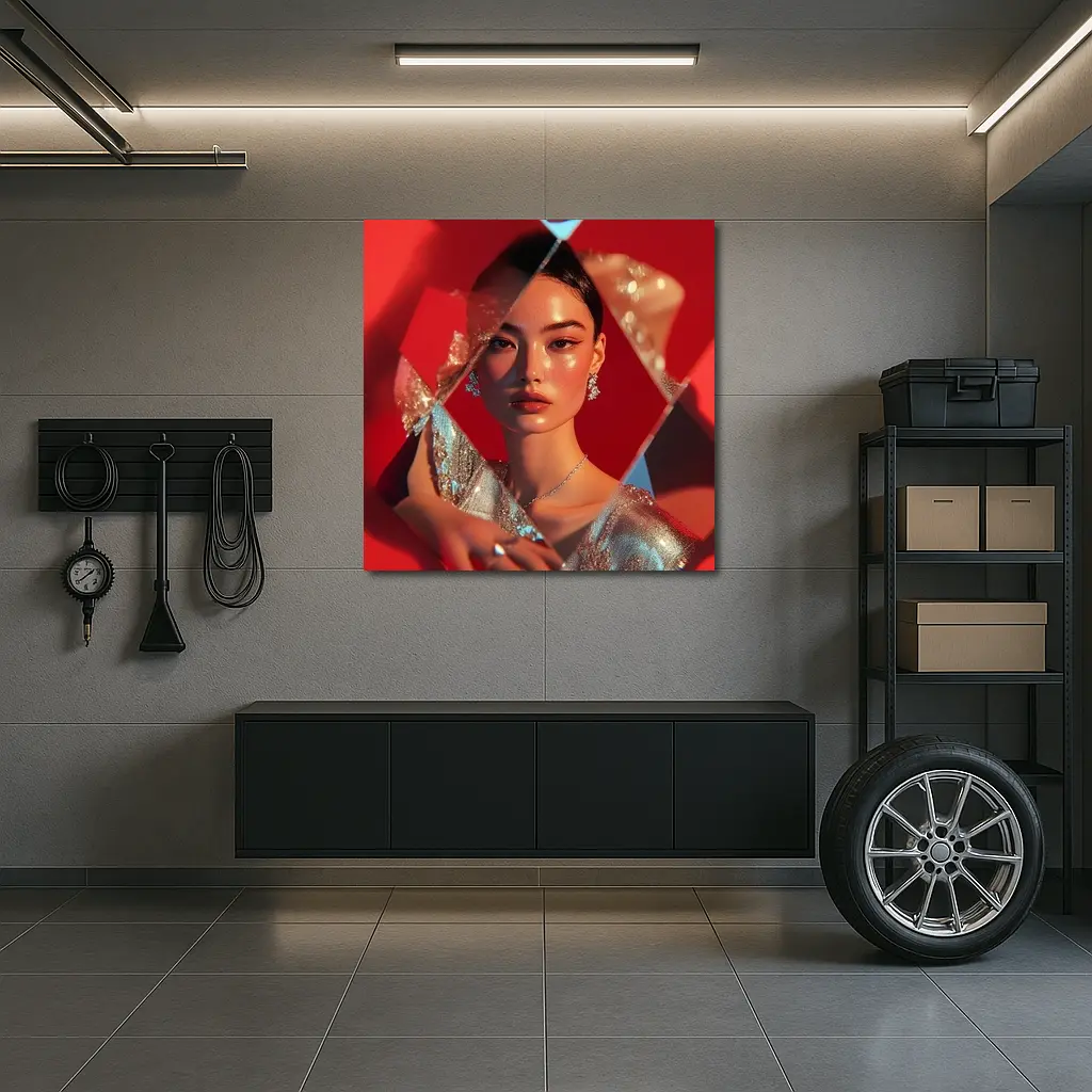 Asian Woman Silver Dress Red Geometric Background – Wall Art