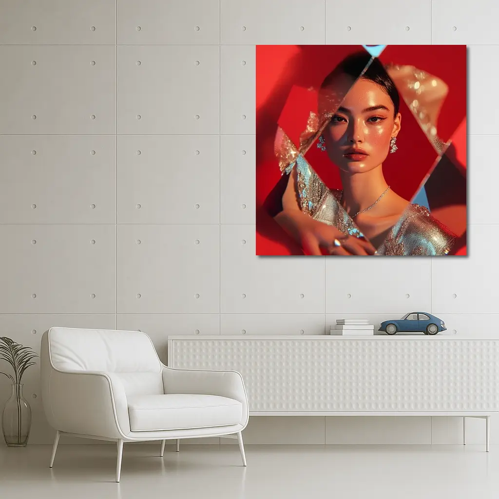 Asian Woman Silver Dress Red Geometric Background – Wall Art