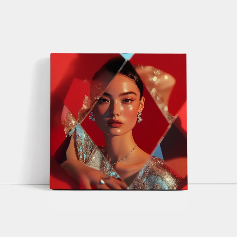 Asian Woman Silver Dress Red Geometric Background – Wall Art