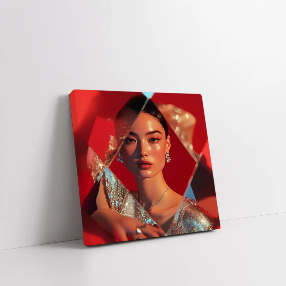 Asian Woman Silver Dress Red Geometric Background – Wall Art