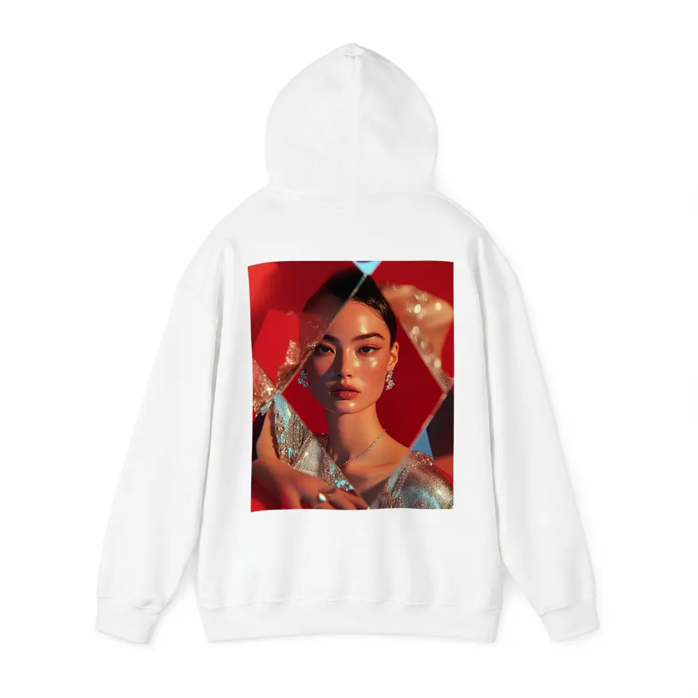 Asian Woman Silver Dress Red Geometric Background – Hoodies