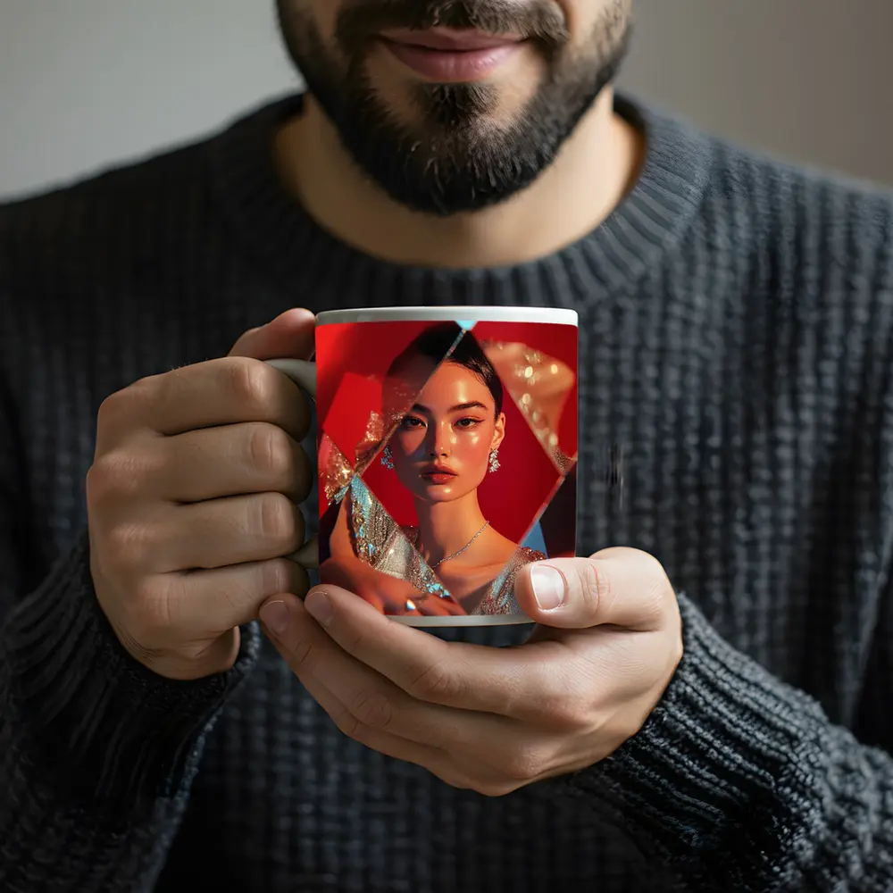 Asian Woman Silver Dress Red Geometric Background – Mugs
