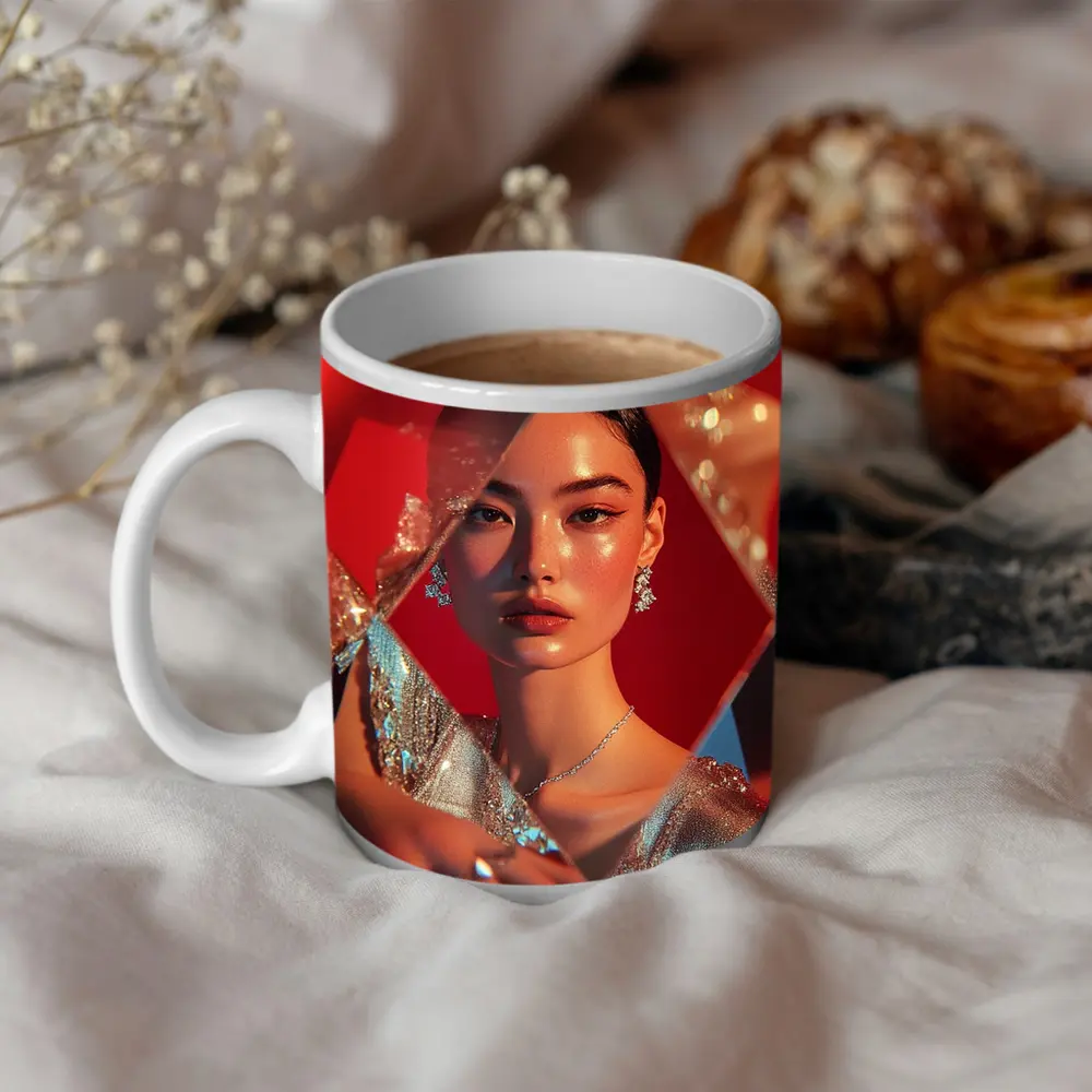 Asian Woman Silver Dress Red Geometric Background – Mugs