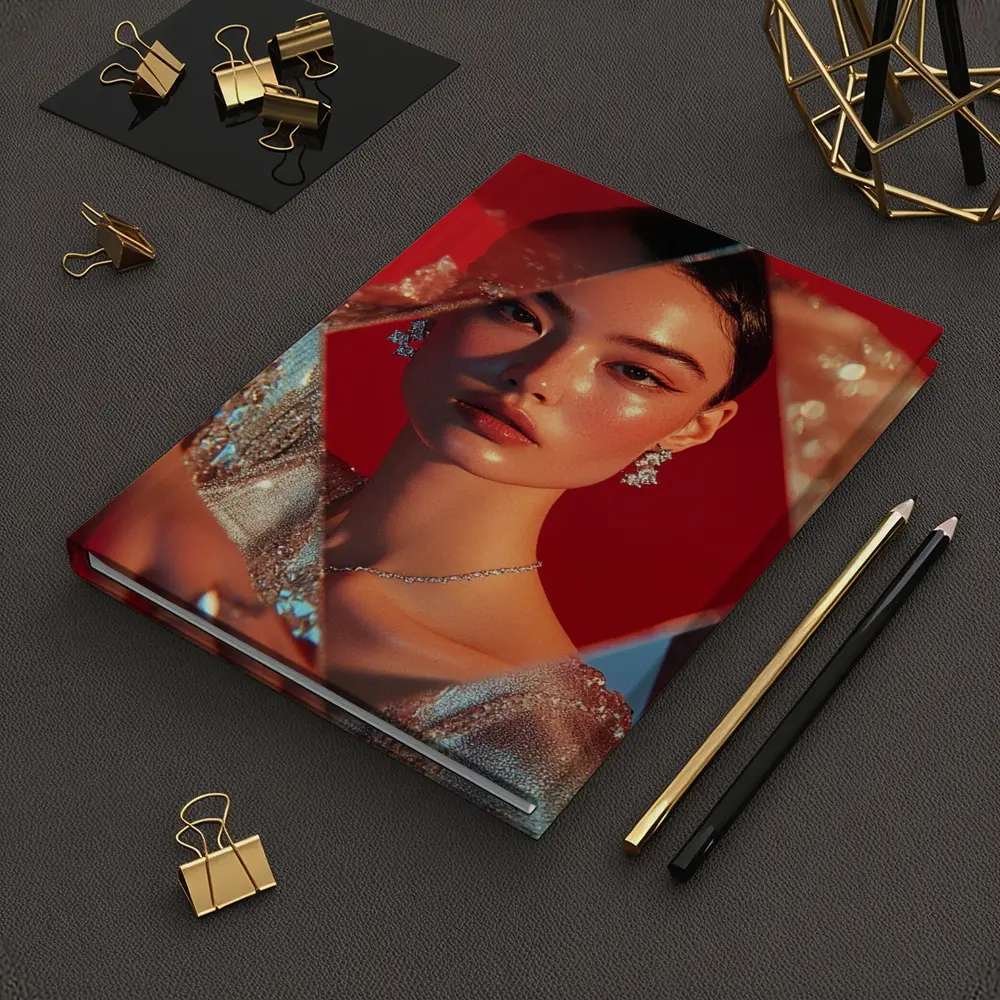 Asian Woman Silver Dress Red Geometric Background – Notebooks