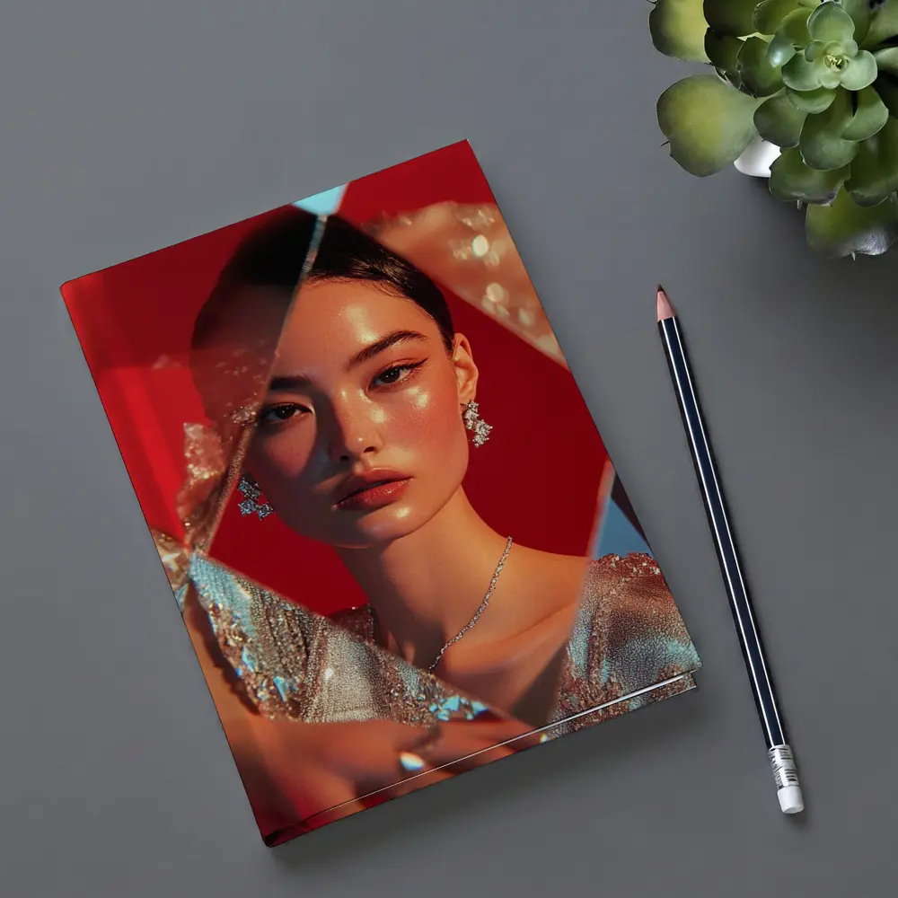 Asian Woman Silver Dress Red Geometric Background – Notebooks