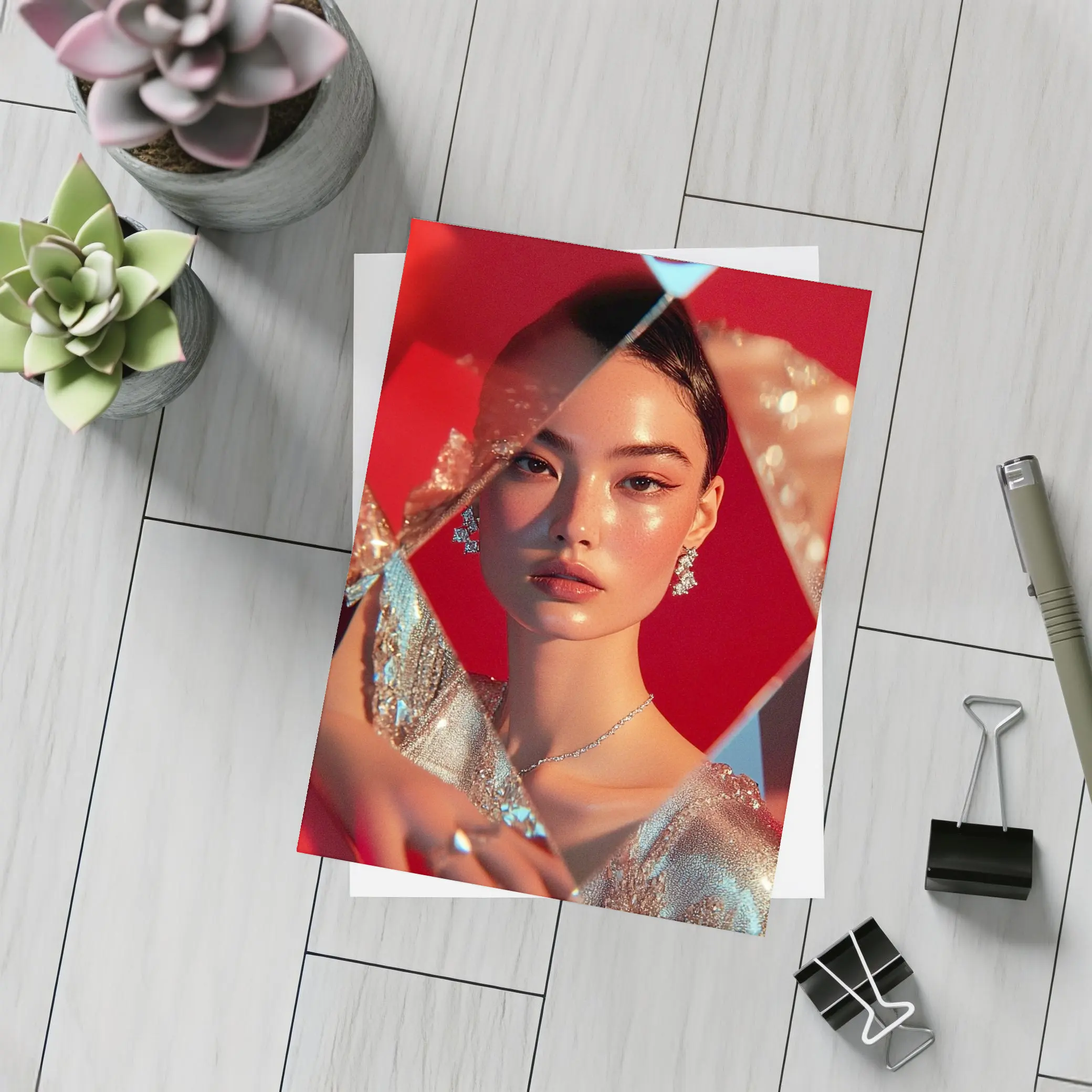 Asian Woman Silver Dress Red Geometric Background – Postcards