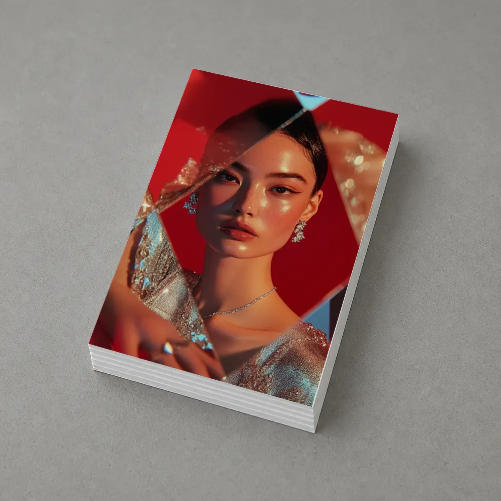 Asian Woman Silver Dress Red Geometric Background – Postcards