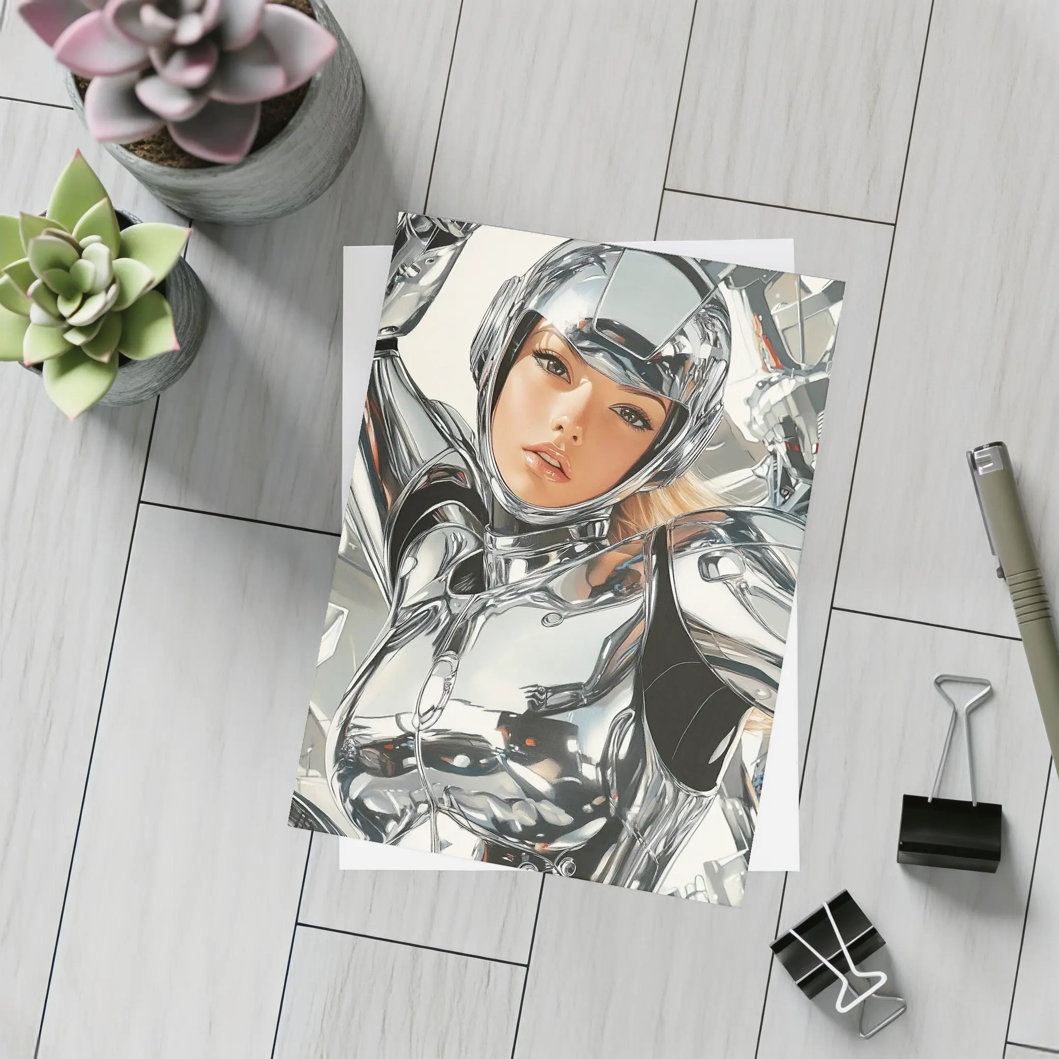 Chrome Suit Woman Futuristic Sci Fi Art – Postcards