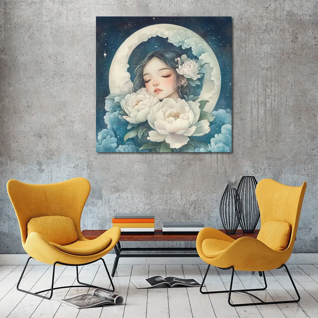 Sleeping Girl Moon Peonies Night Sky – Wall Art