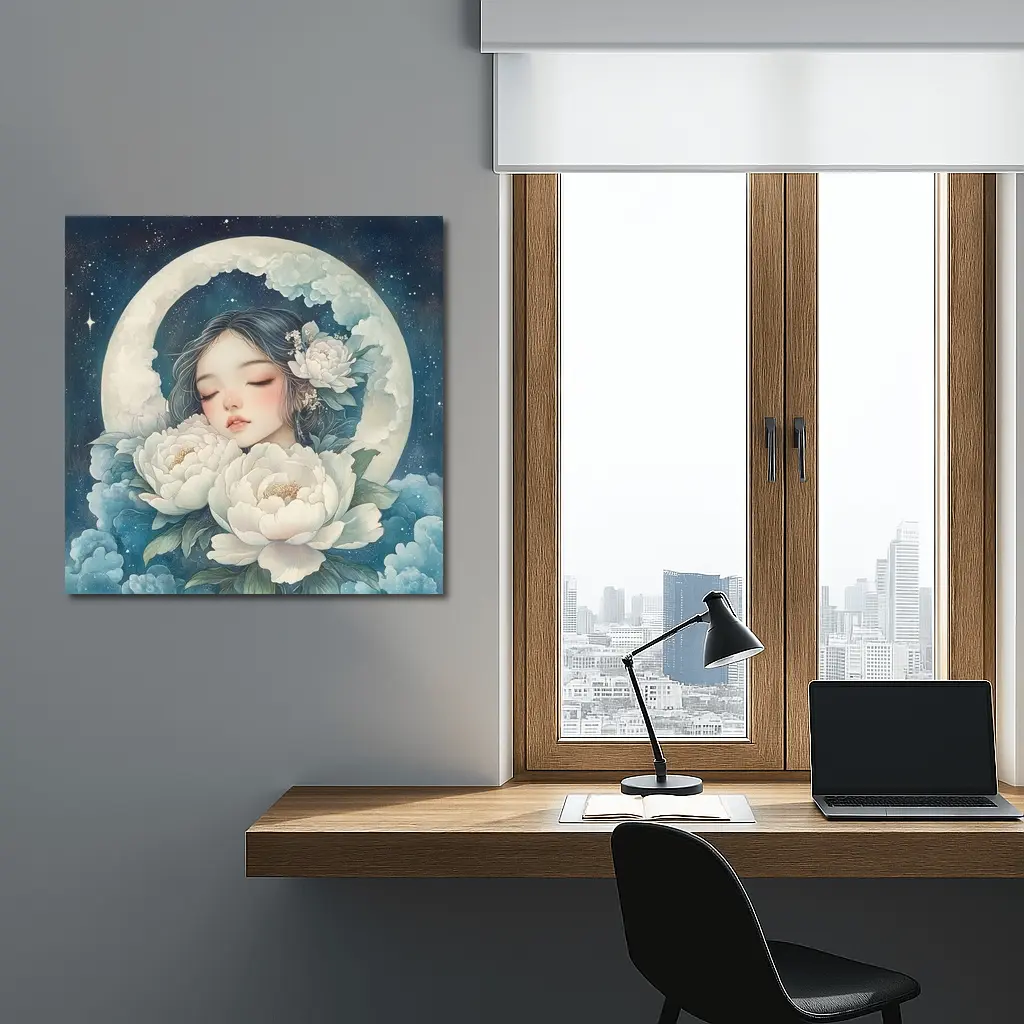 Sleeping Girl Moon Peonies Night Sky – Wall Art