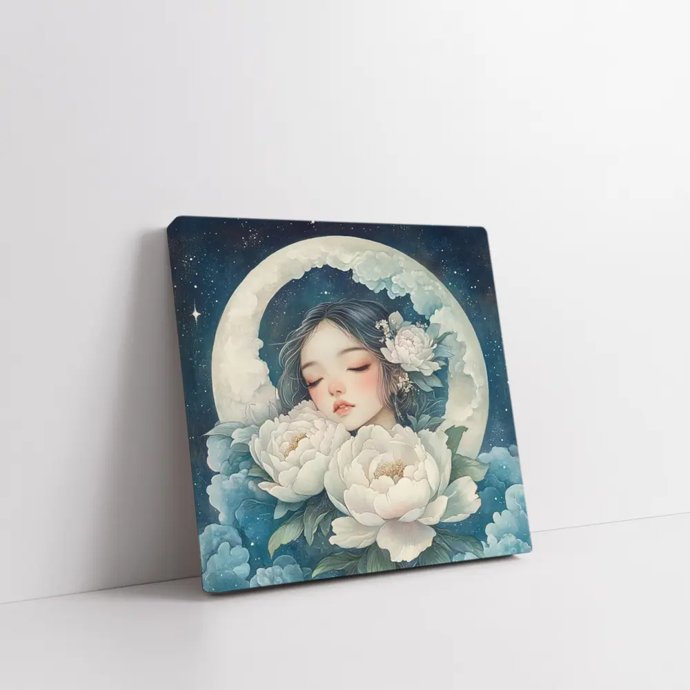 Sleeping Girl Moon Peonies Night Sky – Wall Art